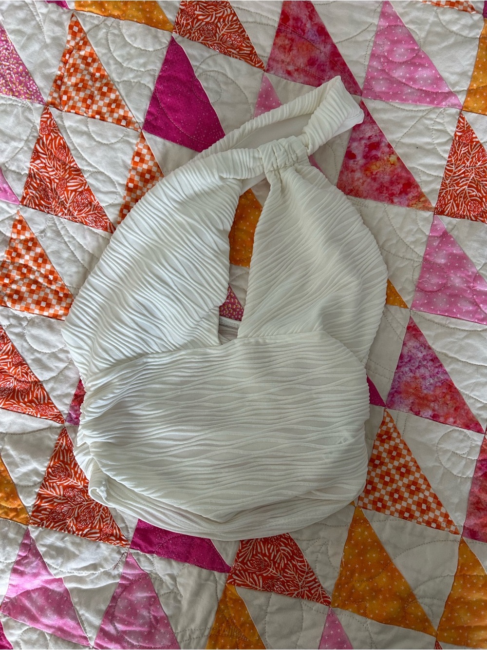 White Textured Halter One-Shoulder Top